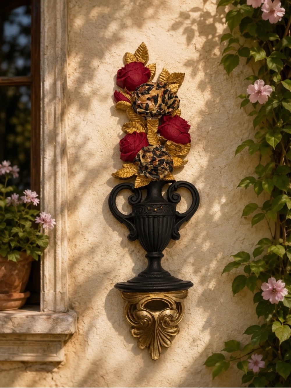Vintage 1970 Syroco Floral Wall Pocket Sconce 23” Black Gold Red Roses Leopard